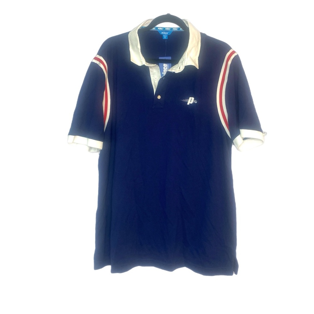 Prince Pickleball Men’s Navy Red & White Stripes On Sleeve Short sleeved XL NWT